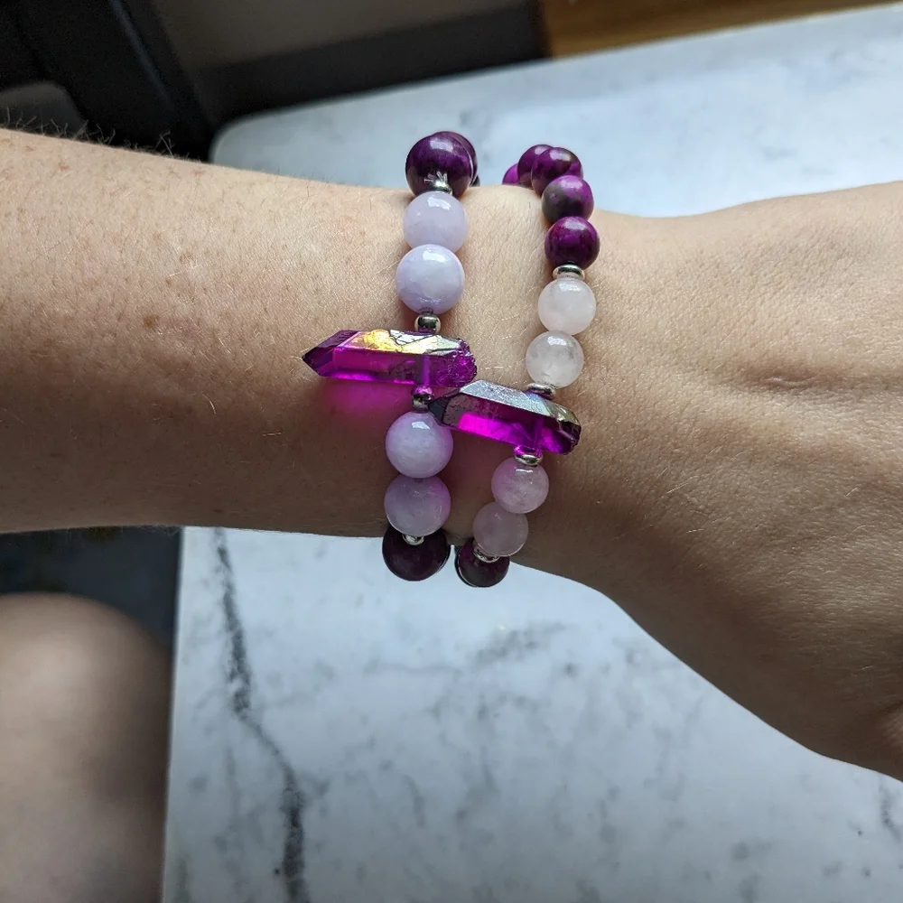 Sugalite Rose Quartz Crystal Stone bead bracelet - Picture 3 of 9